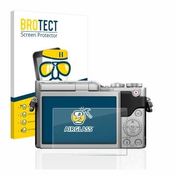 Face avant d’un emballage produit avec le logo de la marque BROTECT. À côté, l’appareil Panasonic Lumix DC-GX880 est représent