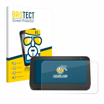 Face avant d’un emballage produit avec le logo de la marque BROTECT. À côté, l’appareil Amazon Echo Show 5 (2e Gen.) est repré