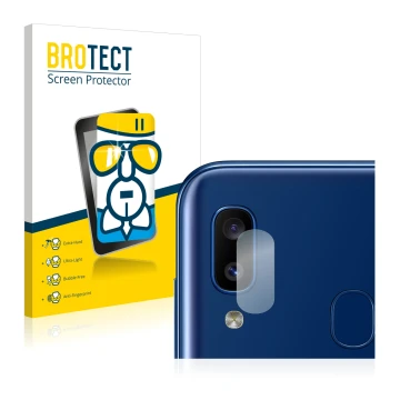 Face avant d’un emballage produit avec le logo de la marque BROTECT. À côté, l’appareil Samsung Galaxy A20e (Caméra UNIQUEMENT