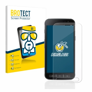 Face avant d’un emballage produit avec le logo de la marque BROTECT. À côté, l’appareil Samsung Galaxy XCover 4s est représent