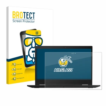 Face avant d’un emballage produit avec le logo de la marque BROTECT. À côté, l’appareil Lenovo ThinkPad X390 Yoga est représen