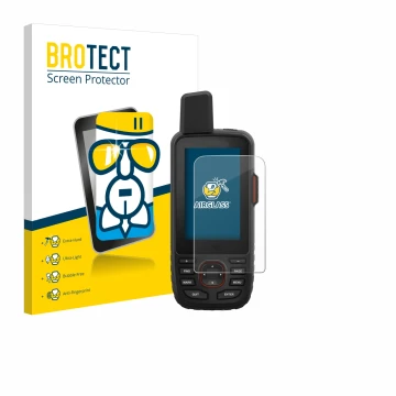 Face avant d’un emballage produit avec le logo de la marque BROTECT. À côté, l’appareil Garmin GPSMAP 66i est représenté avec 