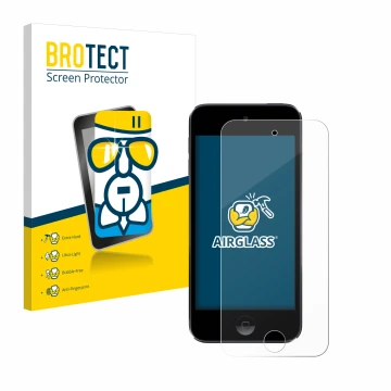 Face avant d’un emballage produit avec le logo de la marque BROTECT. À côté, l’appareil Apple iPod Touch (7ème Gen.) est repré