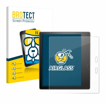 Face avant d’un emballage produit avec le logo de la marque BROTECT. À côté, l’appareil Amazon Kindle Oasis 2019 (10ème Gen.) 