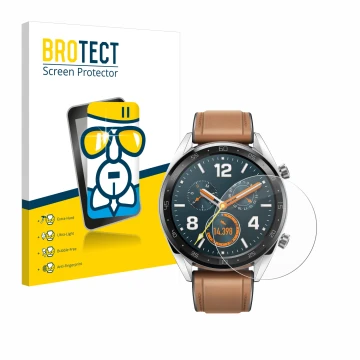 Face avant d’un emballage produit avec le logo de la marque BROTECT. À côté, l’appareil Huawei Watch GT Classic est représenté