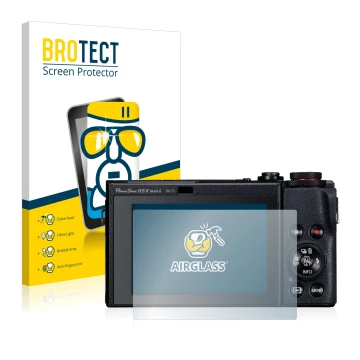 Face avant d’un emballage produit avec le logo de la marque BROTECT. À côté, l’appareil Canon PowerShot G5 X Mark II est repré
