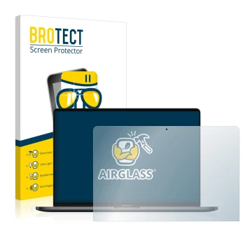 Face avant d’un emballage produit avec le logo de la marque BROTECT. À côté, l’appareil Apple MacBook Pro 13