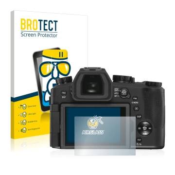 Face avant d’un emballage produit avec le logo de la marque BROTECT. À côté, l’appareil Leica V-LUX 5 est représenté avec la p