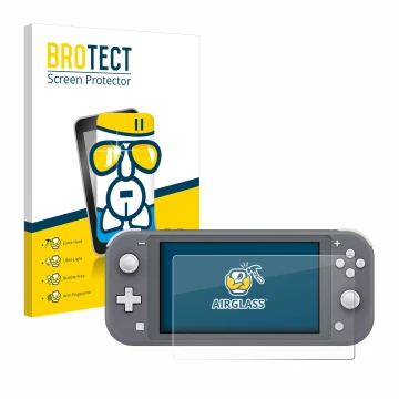Face avant d’un emballage produit avec le logo de la marque BROTECT. À côté, l’appareil Nintendo Switch Lite est représenté av