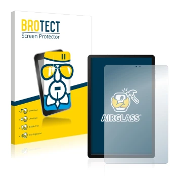 Face avant d’un emballage produit avec le logo de la marque BROTECT. À côté, l’appareil Samsung Galaxy Tab S6 WiFi 2019 est re