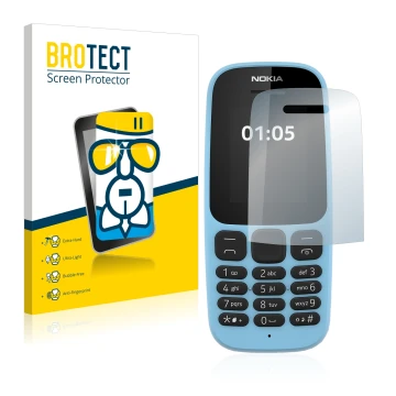 Face avant d’un emballage produit avec le logo de la marque BROTECT. À côté, l’appareil Nokia 105 2019 est représenté avec la 