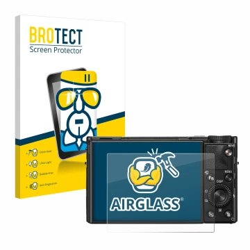 Face avant d’un emballage produit avec le logo de la marque BROTECT. À côté, l’appareil Sony Cyber-Shot DSC-RX100 VII est repr