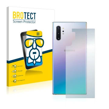 Face avant d’un emballage produit avec le logo de la marque BROTECT. À côté, l’appareil Samsung Galaxy Note 10 Plus (Arrière) 