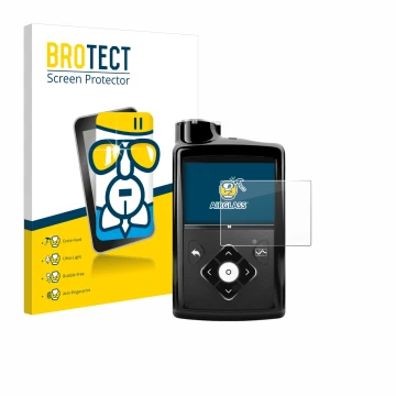 Face avant d’un emballage produit avec le logo de la marque BROTECT. À côté, l’appareil Medtronic Minimed 670G est représenté 