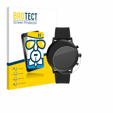 Face avant d’un emballage produit avec le logo de la marque BROTECT. À côté, l’appareil Fossil The Carlyle HR (5.Gen) est repr