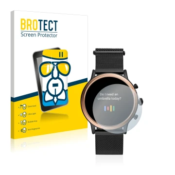 Face avant d’un emballage produit avec le logo de la marque BROTECT. À côté, l’appareil Fossil Julianna HR (5.Gen) est représe