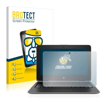 Face avant d’un emballage produit avec le logo de la marque BROTECT. À côté, l’appareil HP ProBook x360 11 G3 est représenté a
