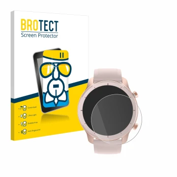 Face avant d’un emballage produit avec le logo de la marque BROTECT. À côté, l’appareil Huami Amazfit GTR (42 mm) est représen