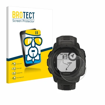 Face avant d’un emballage produit avec le logo de la marque BROTECT. À côté, l’appareil Garmin Instinct Tactical Edition est r
