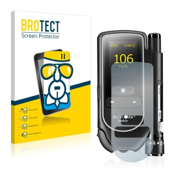 Face avant d’un emballage produit avec le logo de la marque BROTECT. À côté, l’appareil Accu-Chek Mobile est représenté avec l