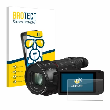 Face avant d’un emballage produit avec le logo de la marque BROTECT. À côté, l’appareil Panasonic HC-VXF11 est représenté avec
