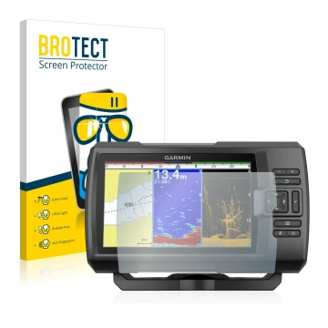 Face avant d’un emballage produit avec le logo de la marque BROTECT. À côté, l’appareil Garmin Striker Plus 9sv est représenté