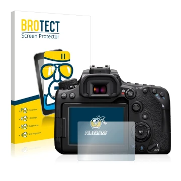 Face avant d’un emballage produit avec le logo de la marque BROTECT. À côté, l’appareil Canon EOS 90D est représenté avec la p