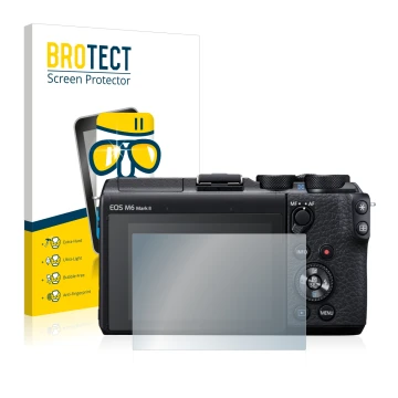 Face avant d’un emballage produit avec le logo de la marque BROTECT. À côté, l’appareil Canon EOS M6 Mark II est représenté av