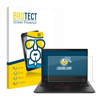 Face avant d’un emballage produit avec le logo de la marque BROTECT. À côté, l’appareil Lenovo ThinkPad T490 Non-Touch est rep