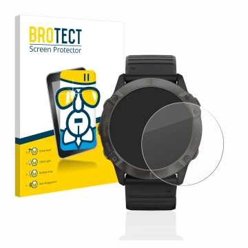 Face avant d’un emballage produit avec le logo de la marque BROTECT. À côté, l’appareil Garmin Fenix 6X Pro est représenté ave