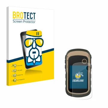 Face avant d’un emballage produit avec le logo de la marque BROTECT. À côté, l’appareil Garmin eTrex 32x est représenté avec l