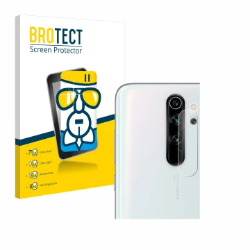 Face avant d’un emballage produit avec le logo de la marque BROTECT. À côté, l’appareil Xiaomi Redmi Note 8 Pro (Caméra UNIQUE