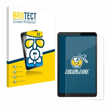 Face avant d’un emballage produit avec le logo de la marque BROTECT. À côté, l’appareil Lenovo Tab M8 est représenté avec la p