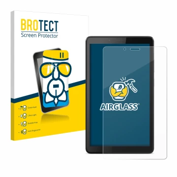 Face avant d’un emballage produit avec le logo de la marque BROTECT. À côté, l’appareil Lenovo Tab M7 est représenté avec la p