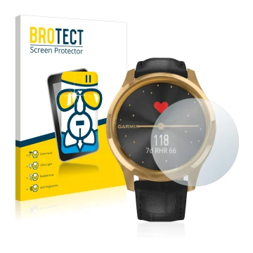 Face avant d’un emballage produit avec le logo de la marque BROTECT. À côté, l’appareil Garmin vivomove Luxe (42 mm) est repré