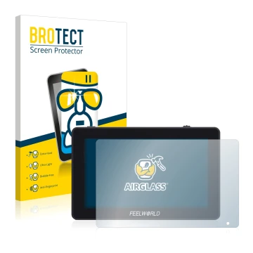 Face avant d’un emballage produit avec le logo de la marque BROTECT. À côté, l’appareil Feelworld F6 Plus est représenté avec 