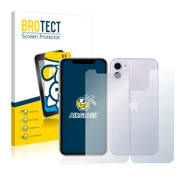 Face avant d’un emballage produit avec le logo de la marque BROTECT. À côté, l’appareil Apple iPhone 11 (Avant+Arrière) est re