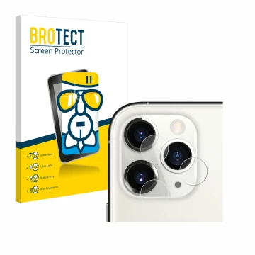 Face avant d’un emballage produit avec le logo de la marque BROTECT. À côté, l’appareil Apple iPhone 11 Pro (Caméra UNIQUEMENT