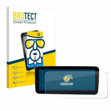 Face avant d’un emballage produit avec le logo de la marque BROTECT. À côté, l’appareil Mercedes-Benz Actros 2019 Cockpit 12