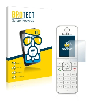 Face avant d’un emballage produit avec le logo de la marque BROTECT. À côté, l’appareil AVM Fritz!Fon C6 est représenté avec l