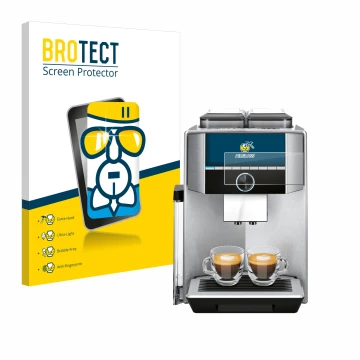 Face avant d’un emballage produit avec le logo de la marque BROTECT. À côté, l’appareil Siemens EQ.9 plus connect s700 4,3