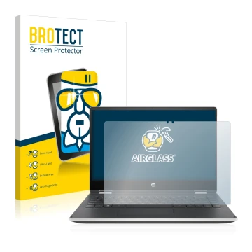 Face avant d’un emballage produit avec le logo de la marque BROTECT. À côté, l’appareil HP Pavilion x360 (14-dhX) est représen