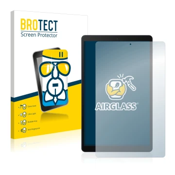 Face avant d’un emballage produit avec le logo de la marque BROTECT. À côté, l’appareil Samsung Galaxy Tab A 10.1 LTE 2019 est