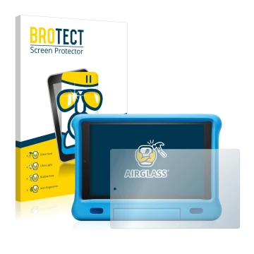 Face avant d’un emballage produit avec le logo de la marque BROTECT. À côté, l’appareil Amazon Fire HD 10 Kids 2019 (9ème Gen.