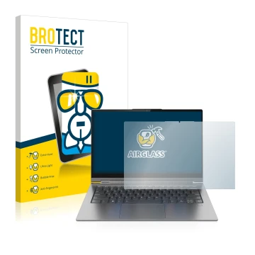 Face avant d’un emballage produit avec le logo de la marque BROTECT. À côté, l’appareil Lenovo Yoga C940 14
