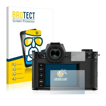 Face avant d’un emballage produit avec le logo de la marque BROTECT. À côté, l’appareil Leica SL2 est représenté avec la prote