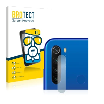 Face avant d’un emballage produit avec le logo de la marque BROTECT. À côté, l’appareil Xiaomi Redmi Note 8T (Caméra UNIQUEMEN