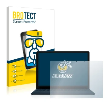 Face avant d’un emballage produit avec le logo de la marque BROTECT. À côté, l’appareil Microsoft Surface Laptop 3 13.5