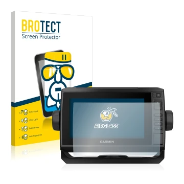 Face avant d’un emballage produit avec le logo de la marque BROTECT. À côté, l’appareil Garmin ECHOMAP UHD 72cv est représenté
