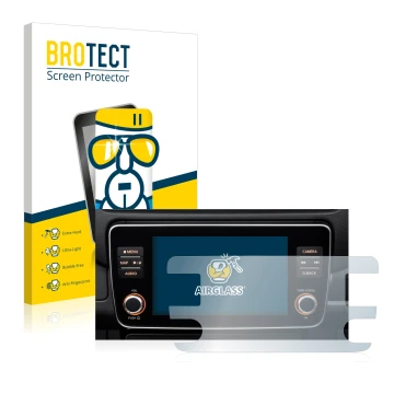 Face avant d’un emballage produit avec le logo de la marque BROTECT. À côté, l’appareil Nissan Leaf E Plus Infotainment System